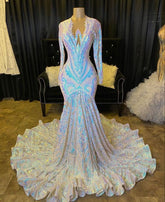 Glamoroso vestido de fiesta de manga larga con lentejuelas y corte sirena en oferta